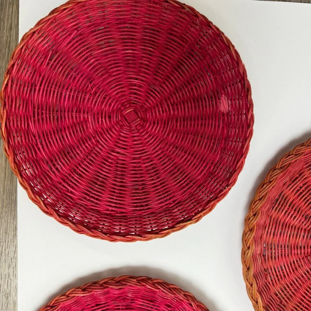 4 Vintage Red / Pink Wicker Rattan Woven Natural Plate Basket Boho Wall Decor